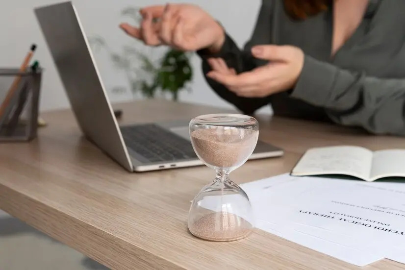 Mujer en segundo plano trabajando en un portátil, con un reloj de arena que marca el tiempo en primer plano.
