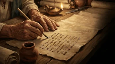 Ilustración detallada de las manos de un escriba antiguo escribiendo una genealogía en un largo rollo de pergamino, simbolizando que los registros bíblicos pueden contener lagunas temporales no registradas.