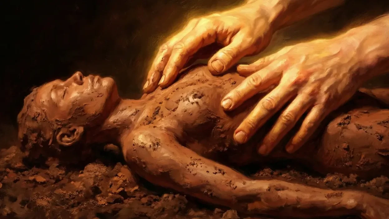 Pintura digital de estilo óleo que muestra unas manos divinas y luminosas modelando con cuidado una figura humana a partir del barro de la tierra, simbolizando la creación del hombre.