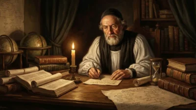 Pintura de estilo histórico que muestra al Obispo Ussher en el siglo XVII estudiando escrituras y haciendo cálculos matemáticos a la luz de una vela para determinar la edad de la Tierra.