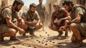 Ilustración de estilo bíblico realista que muestra a un grupo de hombres en la antigüedad echando suertes con piedras sobre un paño, representando el uso histórico del azar mencionado en las Escrituras.