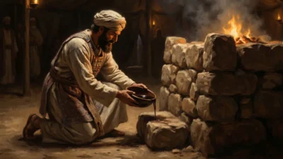 Ilustración de estilo realista que muestra a un sacerdote levítico vertiendo sangre en la base del altar con gran reverencia, simbolizando que la vida pertenece a Dios.